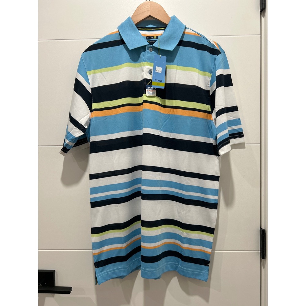 IZOD G-Fresh Mens Medium Polo Shirt Blue White Striped Antibacterial Golf Top